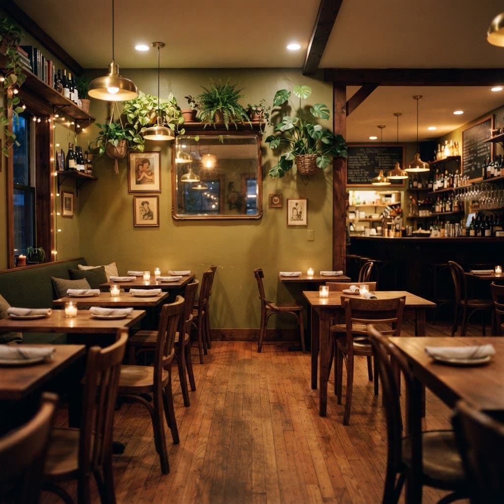Warmly lit restaurant dining room