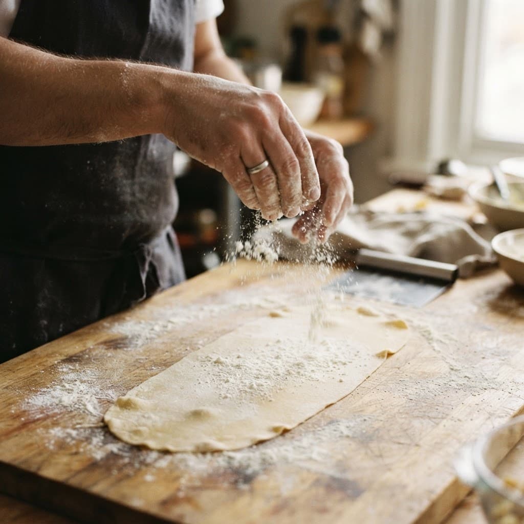 Chef dusting flour over fresh pasta